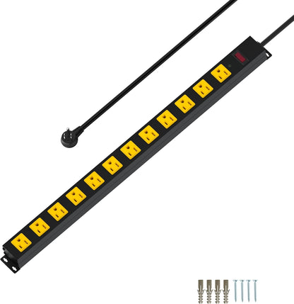 Metal 12 Outlet Mountable Power Strip, Surge Protector Heavy Duty Cord Wide Spaced and Wall Mount Metal Powerstrip for Outdoor, Desk, Garage, Industrial, Shop and Indoor (15ft)