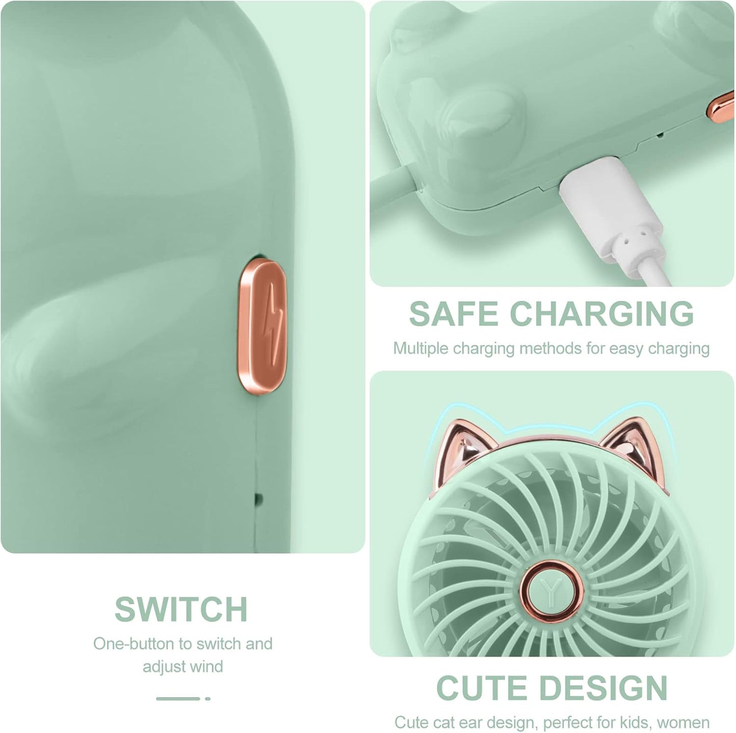 QearFun Portable Mini USB Rechargeable 3 Speed Personal Desk Table Fan with Base - Up to 12 Hours Operated Small Makeup Fan for Girls Women Outdoor (Green)