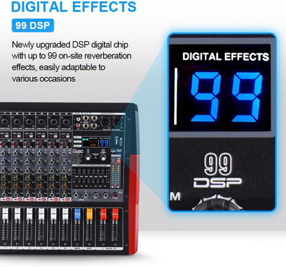 TF600 6-Channel Professional Mixer with Bluetooth Sound Bar with Power Amplifier 2 * 450W Power Output Powered Mixer, 7-Stage Equalizer, 99 DSP Effects, Recording Input USB Drive for Speakers