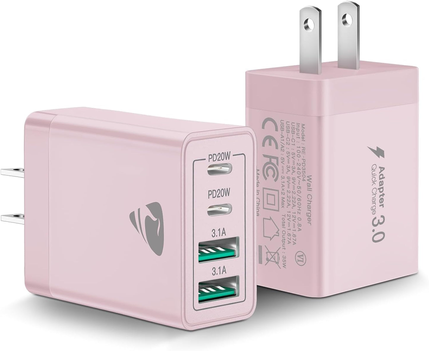 40W USB C Charger Cube, 2-Pack Fast Charging Block, 4-Port QC Wall Plug +PD 3.0 Power Adapter Multiport Brick Type C Charger Block for iPhone 15/15 Pro/15Plus/14/14 Pro/13/12/11,iPad, Airpods,Samsung