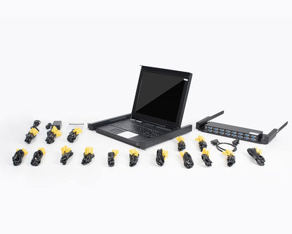 MT-VIKI Rack KVM Switch w/17'' LCD Monitor, 16 Port VGA KVM Switch with Keyboard Touchpad Monitor, Fit for 1U 19'' Rack, OSD/Hotkey/Button 【with 16 VGA KVM Cable】