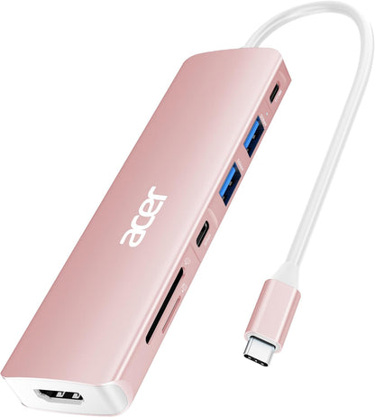 Acer USB Hub, 7 in 1 USB C to HDMI Multi-Port Adapter, 2 USB 3.1 GEN1 and 5Gbps Type-C Data Port, 4K HDMI Port, PD 100W Charging, SD Card Reader, for iPad Pro MacBook Pro Acer Laptops and More (Pink)