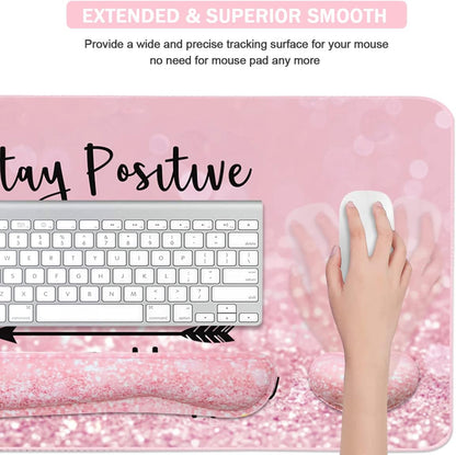 Large Mouse Pad and Keyboard Wrist Rest, Desk Pad for Keyboard and Mouse, 4-in-1 Large Gaming Mouse Pad with Wrist Support, Desk Mat for Home Office Study Game-Pink Stay Positive