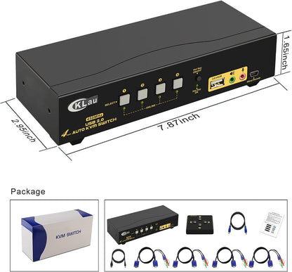 CKLau 4 Port 450MHz USB Auto VGA KVM Switch with Audio and Cables, Monitor Switch for Multiple Computers Support Windows, Linux, Mac, Debian, Ubuntu, Fedora, Raspbian, Ubuntu