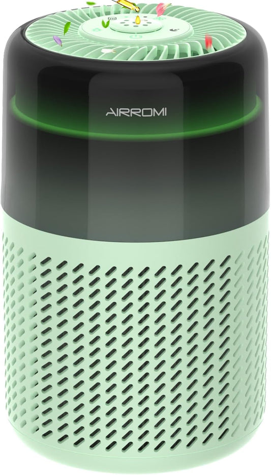 AIRROMI Air Purifier for Bedroom Home,HEPA Filter,Covers Upto 549 Ft²,Quiet 360°intake Air Cleaner with Fragrance ponge for Better Sleep,Night Light,Filters Smoke,Pet Dander,Allergies,Dust,A2005 Green