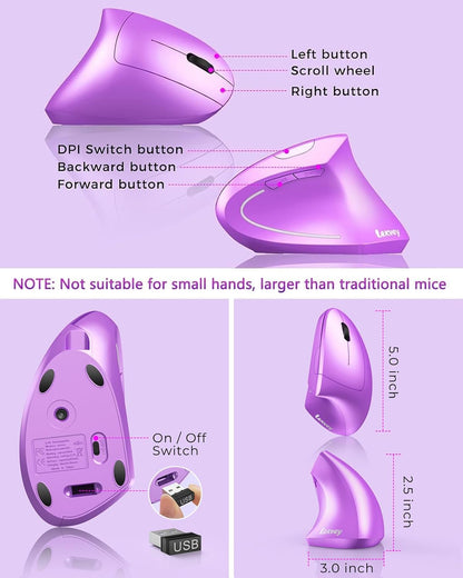 Lekvey Ergonomic Mouse, Wireless Vertical Mouse Rechargeable 2.4 GHz Optical Carpal Tunnel Mice : 800/1200 / 1600 DPI, 6 Buttons, for Laptop, PC, Computer, Desktop, Notebook etc, Purple