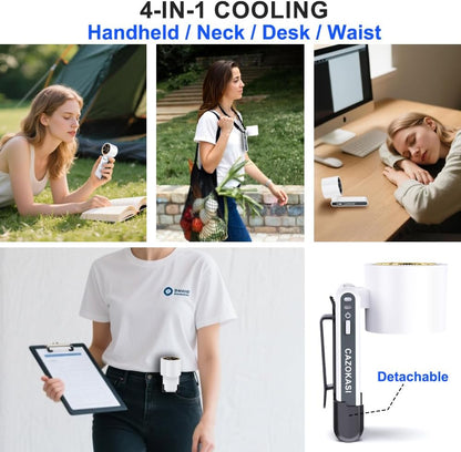 CAZOKASI Rechargeable Strong Wind Handheld Fan With Ambient Lighting 4 IN1 5000mAh Upto 22H For Desktop Waist Clip Neck (StrongWind/White)