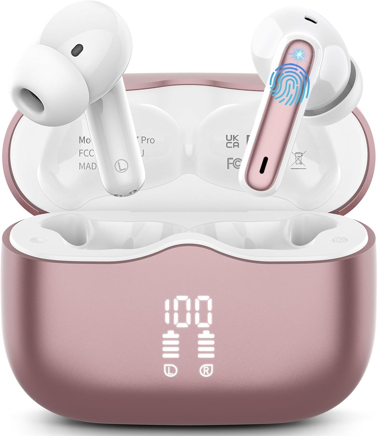 Wireless Earbuds, Bluetooth 5.4 Headphones in Ear with 4 ENC Noise Cancelling Mic, New Wireless Earphones HiFi Stereo Deep Bass 40H Playtime, In-Ear Bluetooth Earbuds LED Display IP7, USB-C, Rose Gold