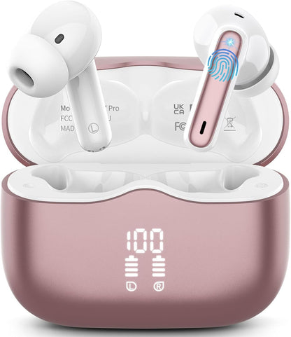 Wireless Earbuds, Bluetooth 5.4 Headphones in Ear with 4 ENC Noise Cancelling Mic, New Wireless Earphones HiFi Stereo Deep Bass 40H Playtime, In-Ear Bluetooth Earbuds LED Display IP7, USB-C, Rose Gold