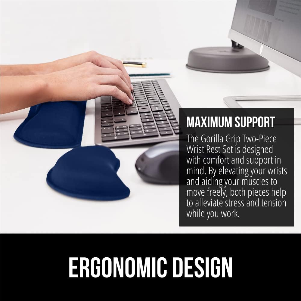 GORILLA GRIP Silky Gel Memory Foam Wrist Rest for Computer Keyboard, Mouse, Ergonomic Design for Typing Pain Relief, Desk Pads Support Hand and Arm, Mousepad Rests, Stain Resistant, 2 Piece Pad, Navy