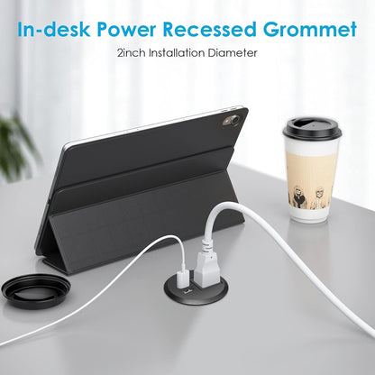 Jgstkcity Desktop Power Grommet, 2 inch, Black, 1 AC Outlet and 2 USB Ports, 6.56ft Cable, Fire Resistant Outer Shell