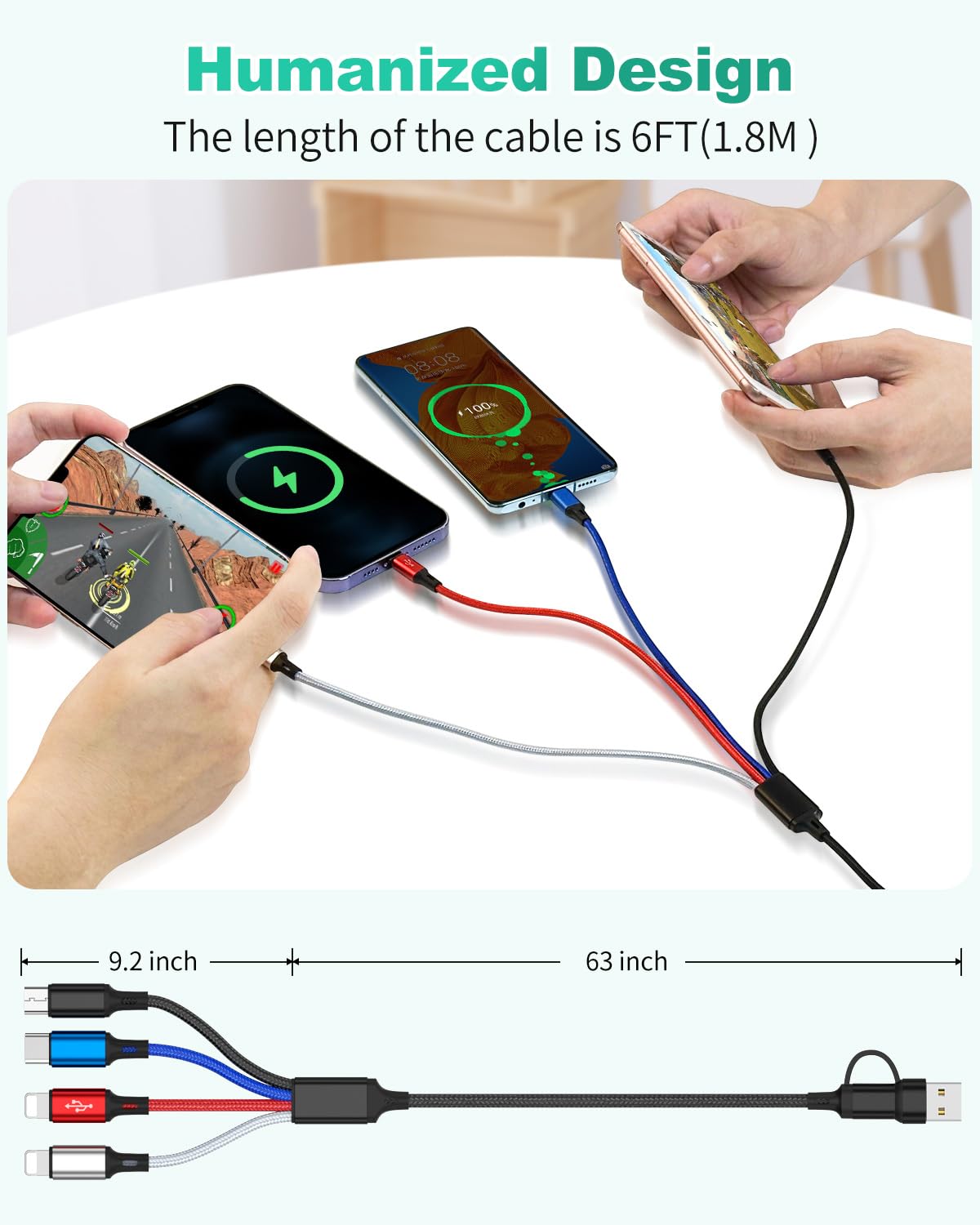 HanCenDa 4 in 2 Multi Charging Cable, 3Pack 6FT Multiple Chargers for All Devices Nylon Braided USB A/C to 2*Lighting/Typc C/Micro USB Port Universal Multi USB Charger Cords for iPhone 16/15
