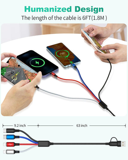 HanCenDa 4 in 2 Multi Charging Cable, 3Pack 6FT Multiple Chargers for All Devices Nylon Braided USB A/C to 2*Lighting/Typc C/Micro USB Port Universal Multi USB Charger Cords for iPhone 16/15