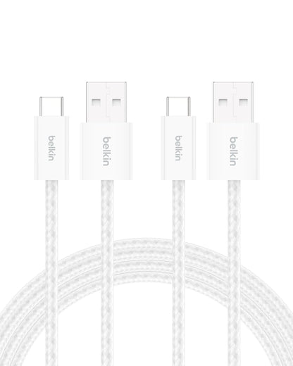Belkin USB A to USB C Cable 2-Pack, 6.6ft, 15W - Type C Charger, iPhone Charger Cord, Soft, Braided, Flexible for iPhone 16 & 15, Galaxy S25, Pixel 9, iPad Pro, Airpods Pro, Switch & More - White