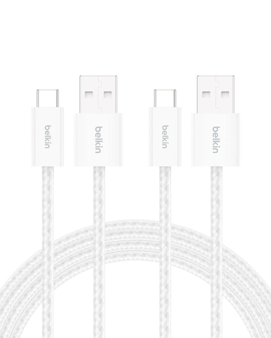 Belkin USB A to USB C Cable 2-Pack, 6.6ft, 15W - Type C Charger, iPhone Charger Cord, Soft, Braided, Flexible for iPhone 16 & 15, Galaxy S25, Pixel 9, iPad Pro, Airpods Pro, Switch & More - White