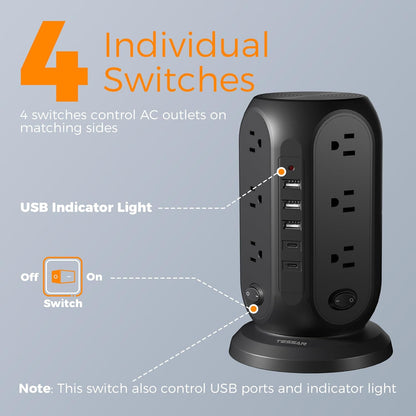 Black Surge Protector Power Strip with 4 Individual Switches, TESSAN USB C Charging Station Power Tower with Flat Extension Cord 10 Ft, 12 Outlets Black Extension Cord, Dorm Room, Office Accessories