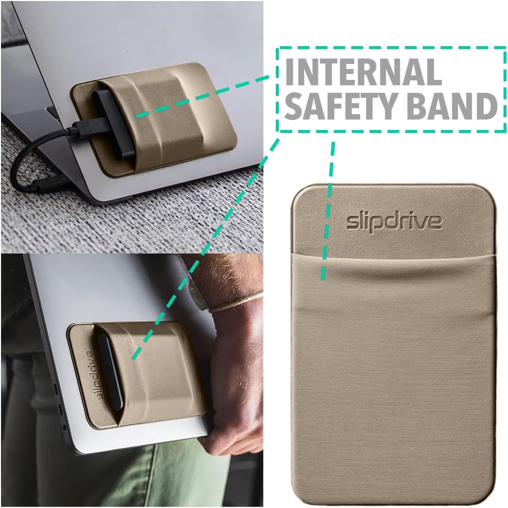 Slipdrive - Portable Hard Drive Sleeve for Laptop - SSD Solid State Drive - Reusable Adhesive - 5” x 3.2” Stick on External Hard Drive Carrying Case - Travel Pocket Pouch (Small, Sand Stone)