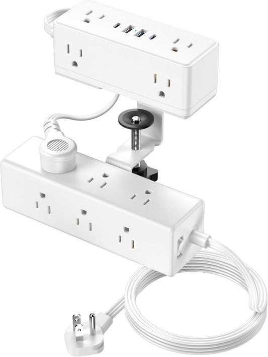 Dual Layer Desk Clamp Power Strip, 19 in 1 Desktop Edge Mount Surge Protector with 4 USB Ports(2 USB-C) & 15 AC Outlets, Ultra Thin Flat Plug & 5FT Power Cord for Office Home(ETL Listed)