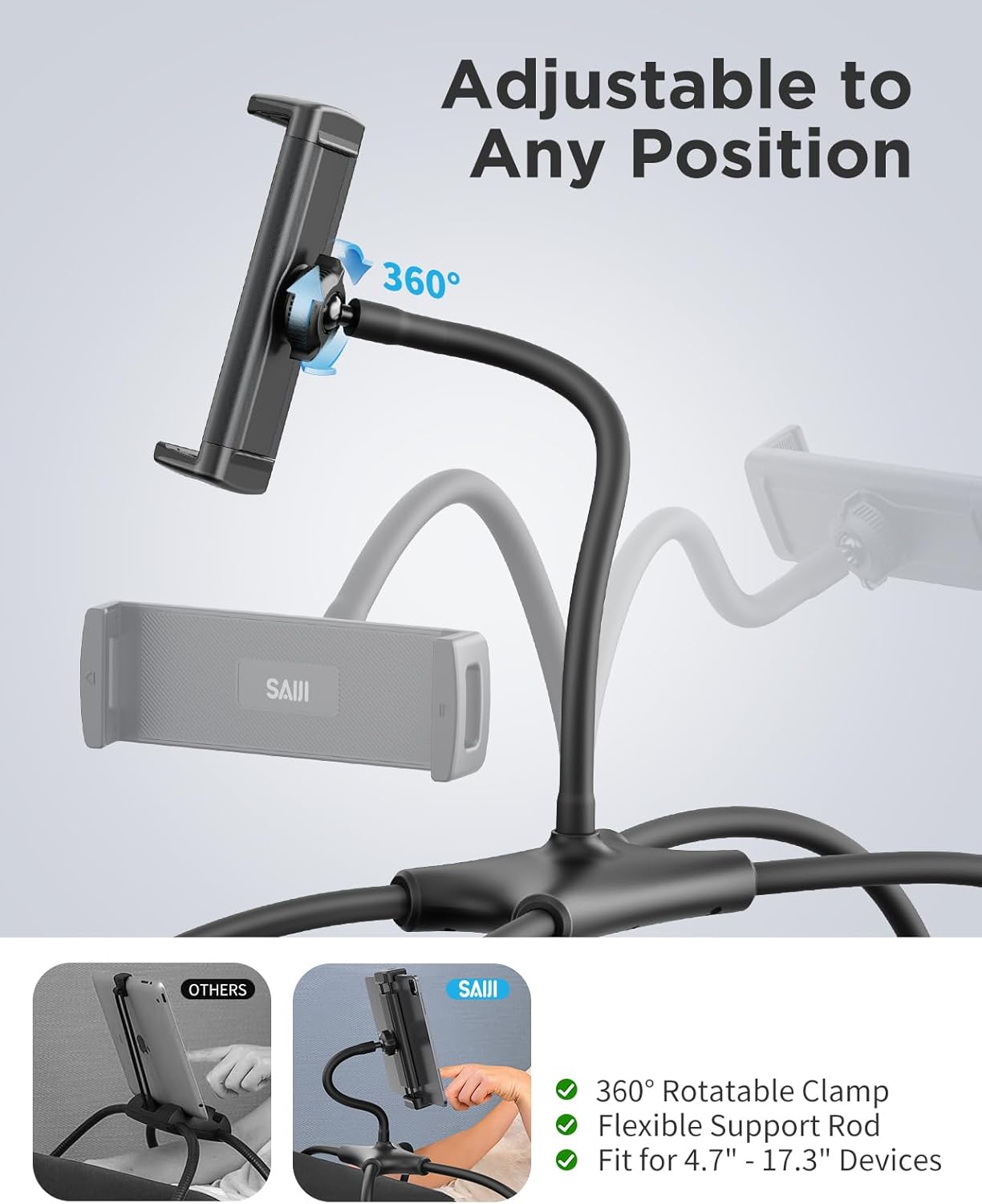 SAIJI iPad Stand, Adjustable Ergonomic Tablet Holder for Bed, Kindle Stand for Reading in Bed Fit for Tablet, Phone, Kindle, Portable Monitor, Switch and More 4.7"-17.3" Devices (Black)