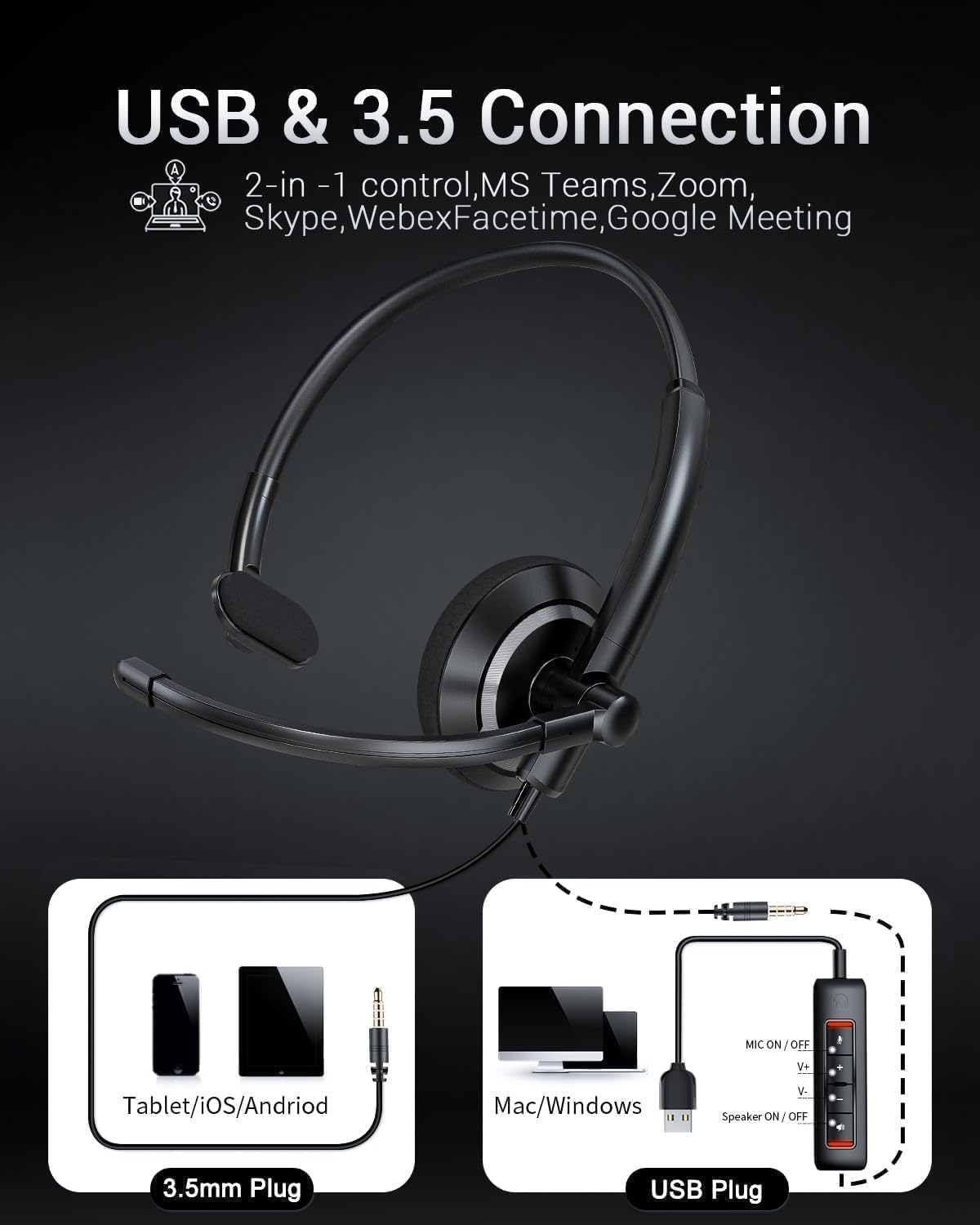 USB Headset with Microphone for PC - Lightweight Single-Ear Computer Headset, Crystal Clear Sound & Comfort Fit, Flexible Steel Headband (3.5mm+USB)