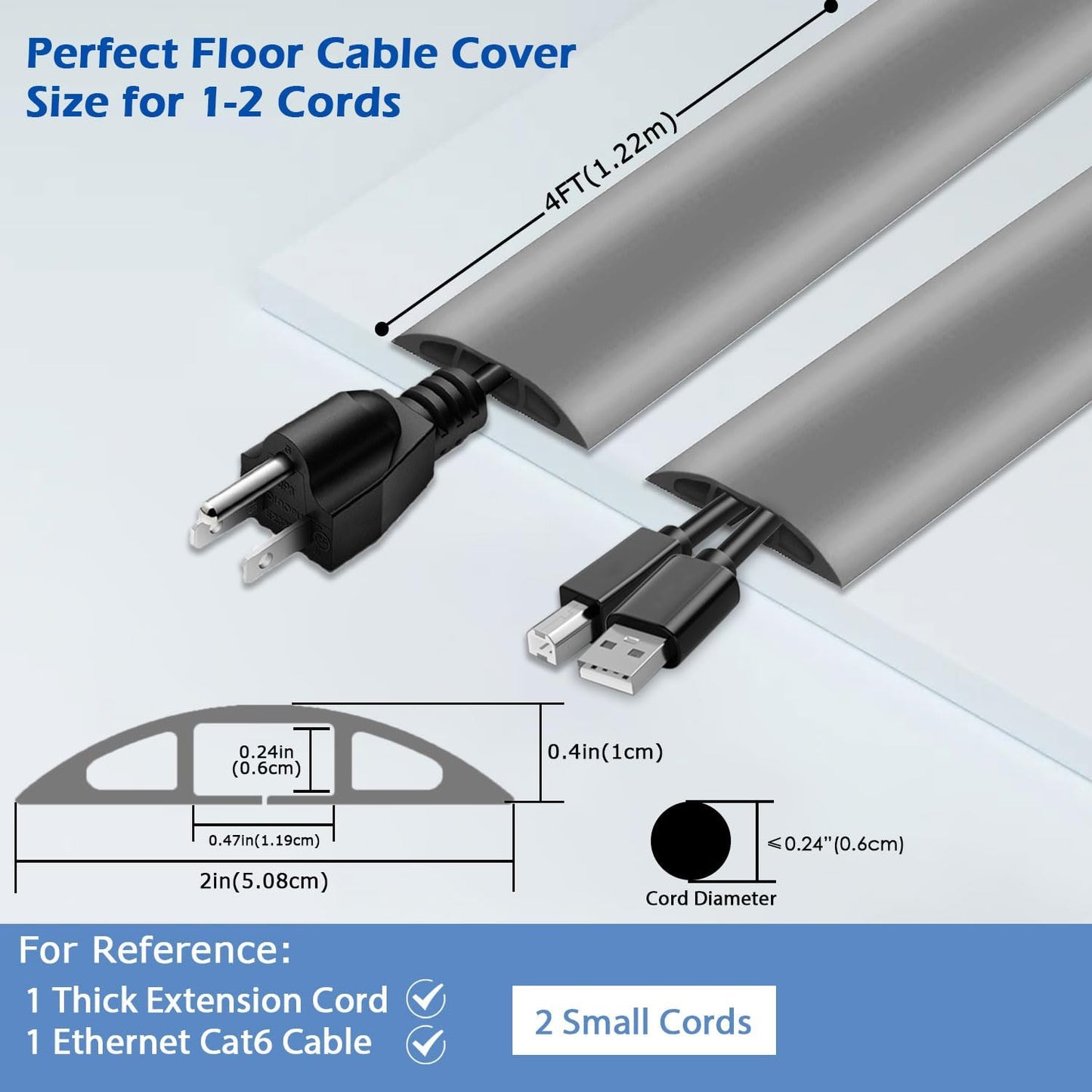 4ft Floor Cord Cover,Cord Hider Floor Gray,Extension Cable Cover Power Cord Protector Floor,Floor Cable Management Prevent Cable Trips,Cord Protector Cord Cavity:0.47" (W) x 0.24" (H)
