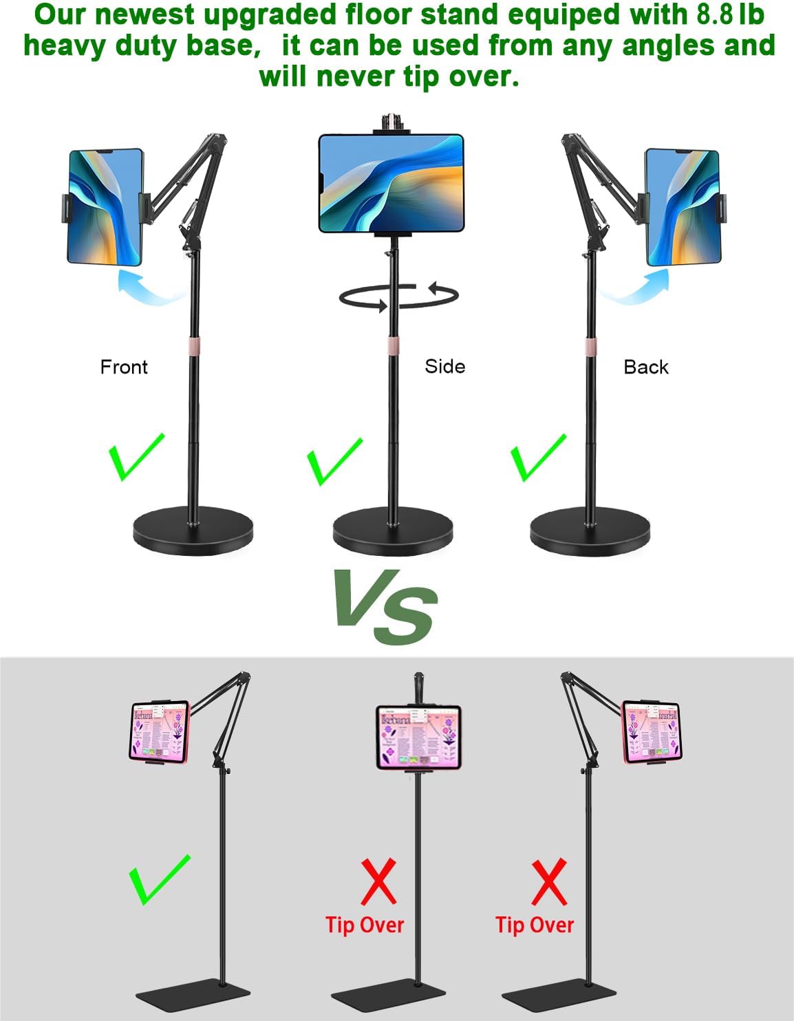 Tablet Floor Stand, Overhead Bed Phone Stand with 8.8 lb Super Stable Base & Angle/Height Adjustable, Compatible with 4.5''-13'' iPhone, iPad Pro 12.9, Galaxy Tab, Kindle, Phones