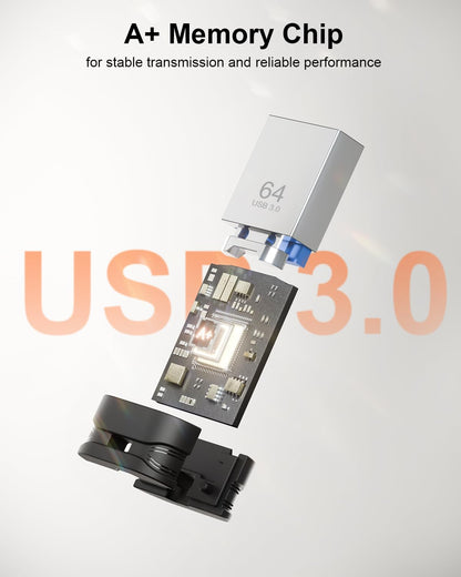 64GB USB 3.0 Flash Drive, Mini Thumb Drive Waterproof Memory Stick with Lanyard Hole Plug and Play Portable USB Stick Storage for Computer Laptop Smart TV, Black