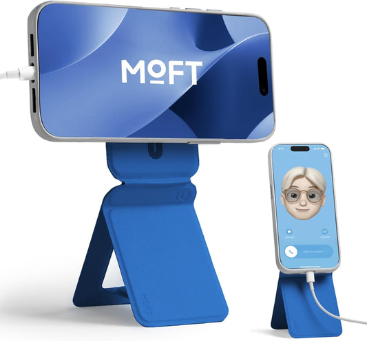MOFT Phone Stand, Magnetic Phone Tripod Stand Stain-Resistant MOVAS Leather & Angle Adjustment & Strong Magnets Tripod for iPhone 16/15/14/13/12 (Included Metal Ring)-Sapphire