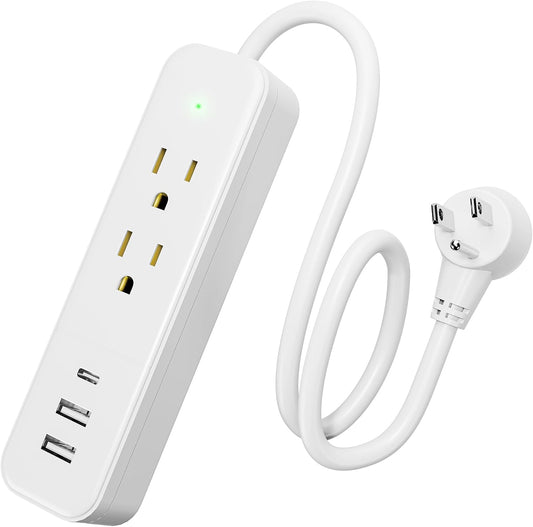 Power Strip Surge Protector - Flat Plug with 3 USB Ports 2 AC Outlets 20 Inch Extension Cord Small White Wall Mountable Outlet Extender for Travel Home Office College Dorm Room 1875W 125V 15A