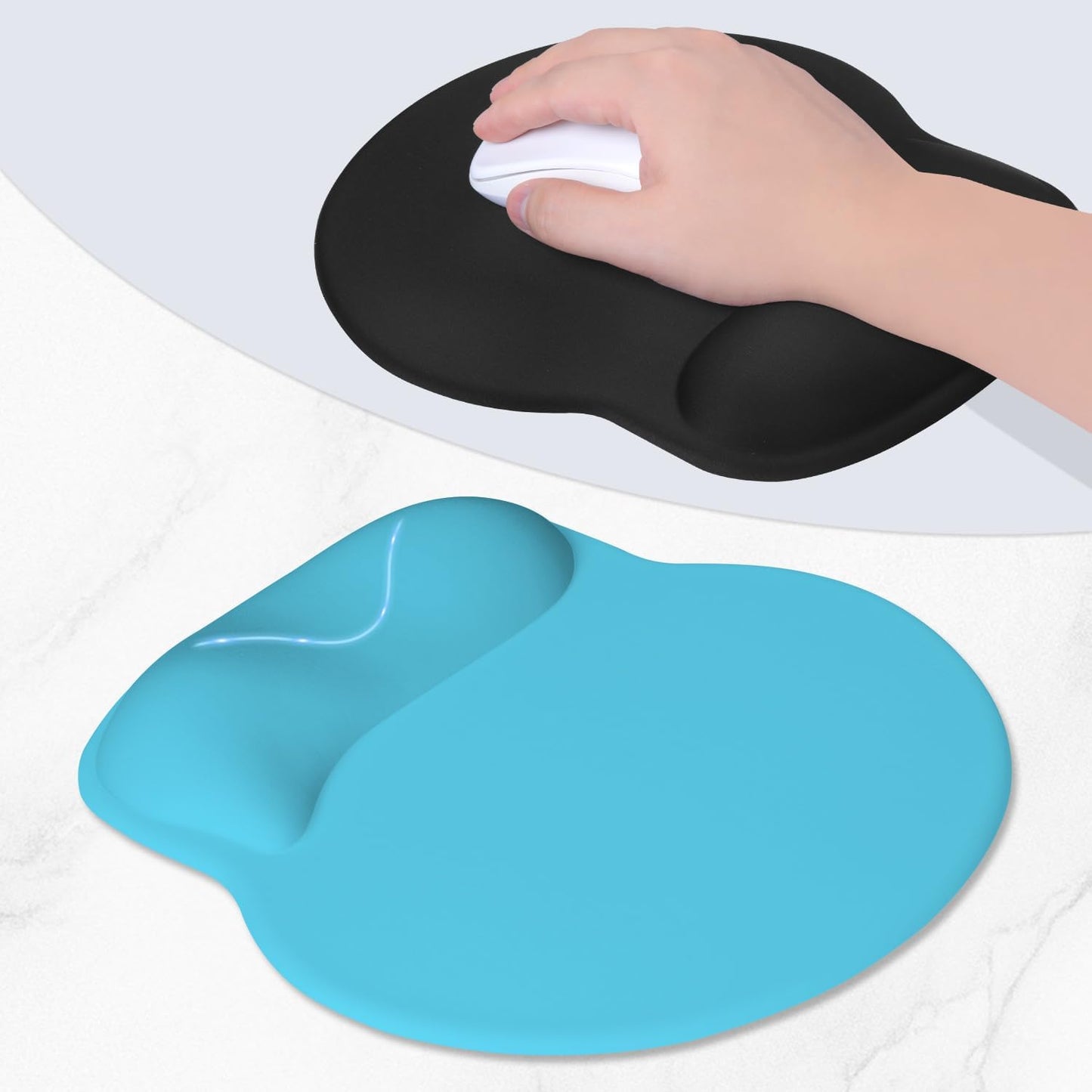 ITNRSIIET Ergonomic Mouse Pad with Wider Memory Foam Wrist Rest +17%, Curved Cushion Reduces Pressure 20%, Pain Relief, Non-Slip, Smooth, Cute Color Desk Accessory, 9.85 x 9 inch, Powder Blue