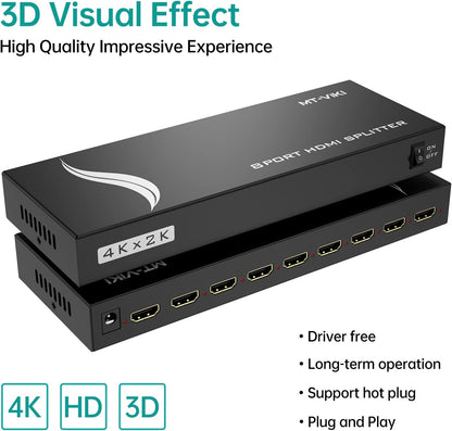 MT-VIKI 4K 1x8 HDMI Splitter 1 in 8 Out, 8 Port Powered HDMI Splitter Multi Monitor Outputs 3D 4Kx2K@30Hz for Projector, HDTV