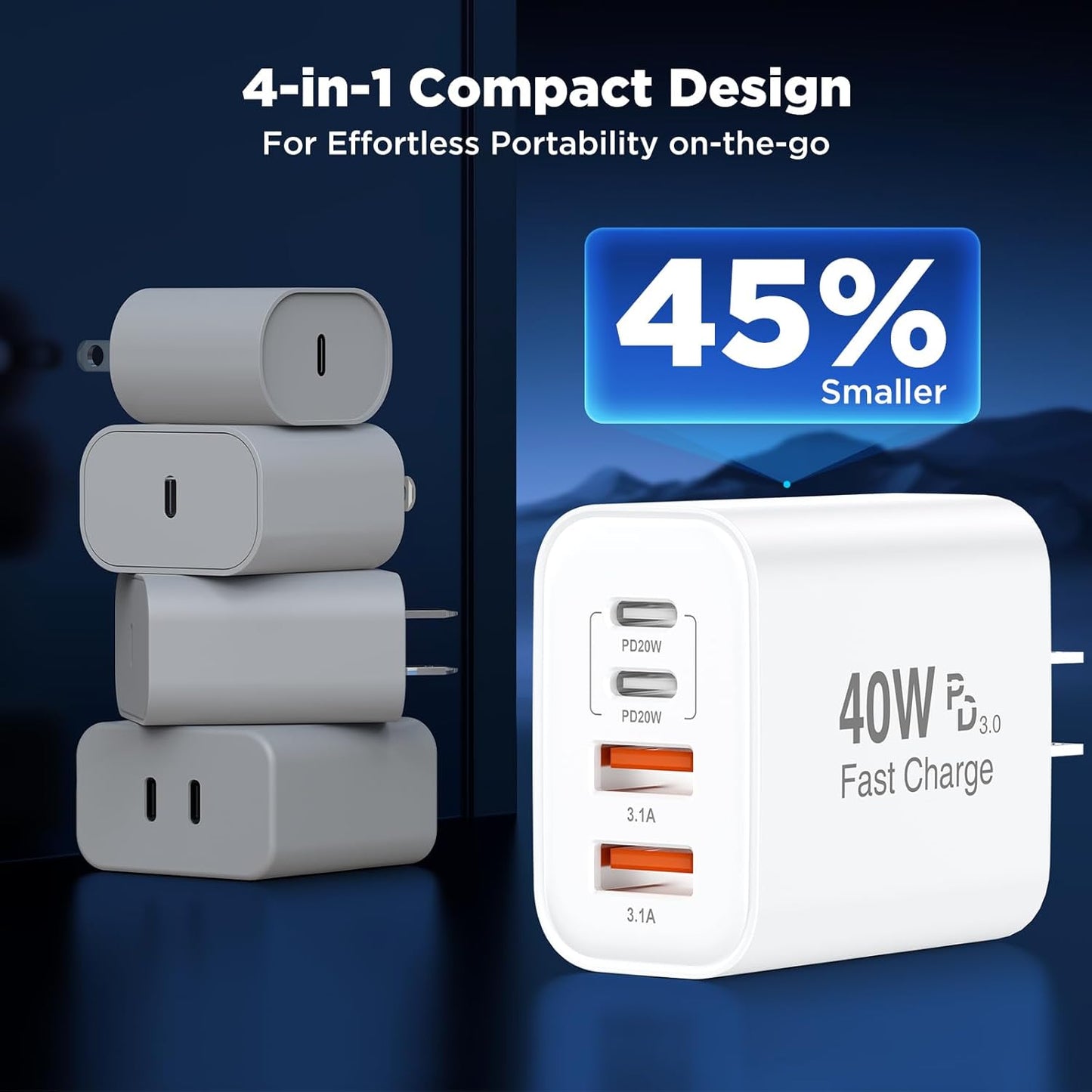 [2 Pack] iPhone 16 Charger Block 4-Port,40W USB C PD Power Adapter Fast Charging+ QC 3.0 USB A Multiport Charger Brick for iPhone 16/15/14/13/Pro Max/XS/XR/8/7, iPad, Airpods,iwatch,Samsung,Tablets