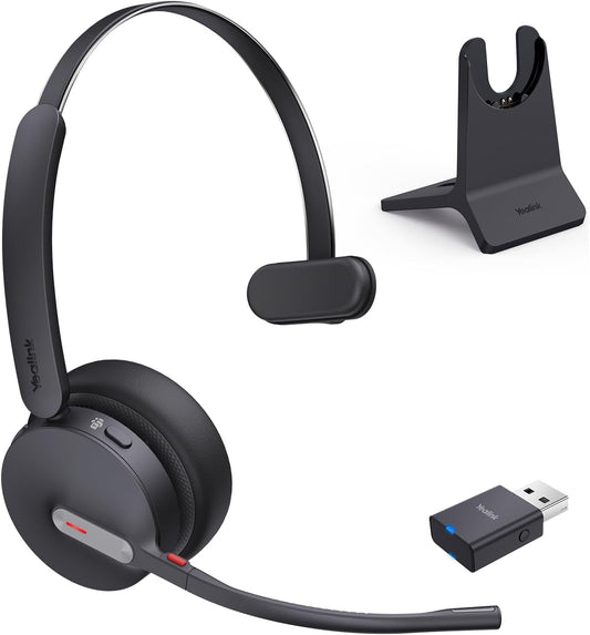 Yealink WH64 Hybrid Wireless Headset Dongle & Charging Stand, 492ft Range DECT&Bluetooth Headphones for Teams, Zoom UC,Single Ear Noise Cancelling Portable Headsets with 3X Mic, 26H Calls,(PC/Phone)