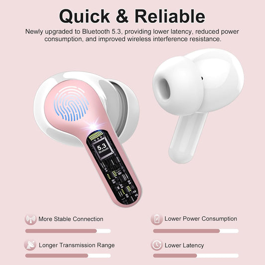 Wireless Earbuds, Bluetooth 5.4 Headphones HiFi Stereo, Bluetooth Earbuds with ENC Noise Cancelling Mic, IP7 Waterproof in Ear Earphones, 48H, LED Display Ear buds for Pad Phone Workout Sports, Pink
