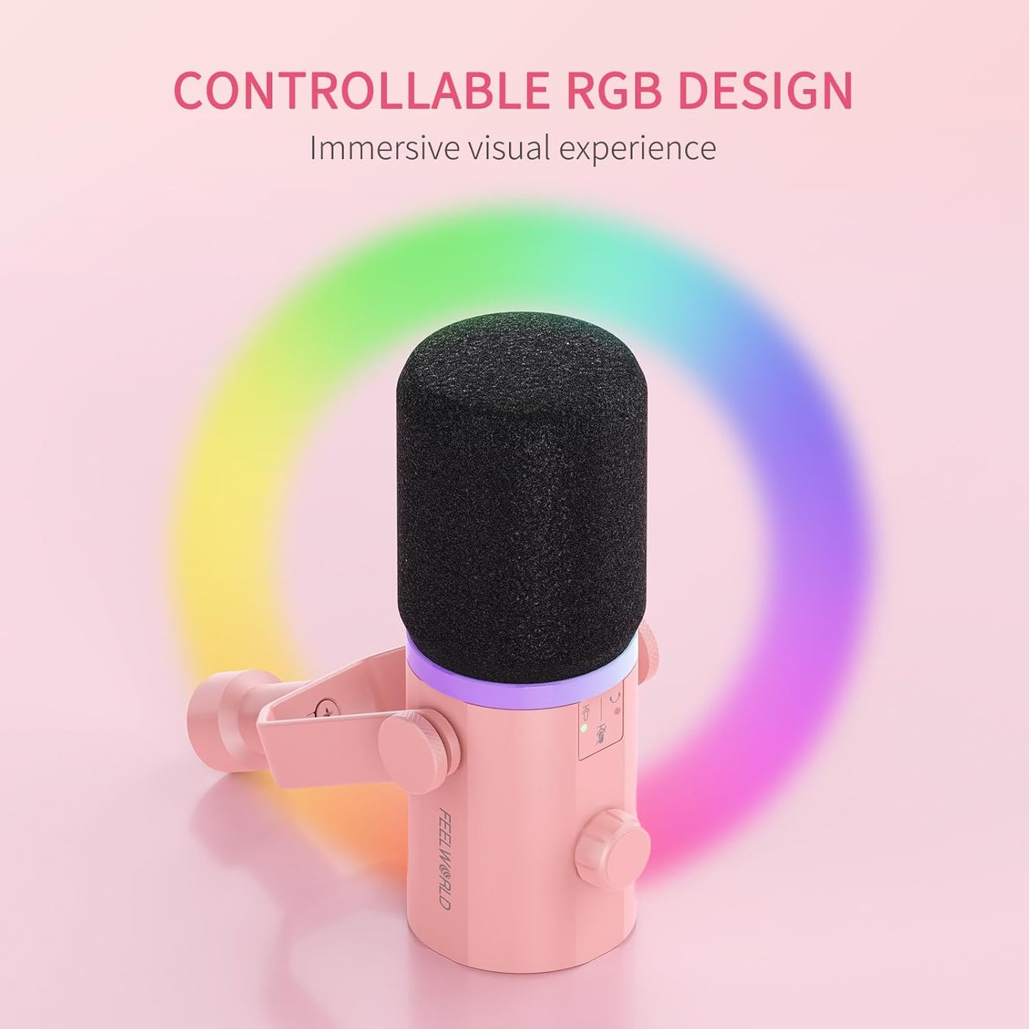 FEELWORLD PM1 XLR USB Dynamic Microphone Gifts for Podcast Recording PC Computer Gaming Live Streaming Vocal Voice-Over, Studio Metal Mic with RGB Light, Mute Button, Headphones Jack (Pink)