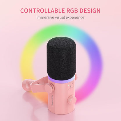 FEELWORLD PM1 XLR USB Dynamic Microphone Gifts for Podcast Recording PC Computer Gaming Live Streaming Vocal Voice-Over, Studio Metal Mic with RGB Light, Mute Button, Headphones Jack (Pink)