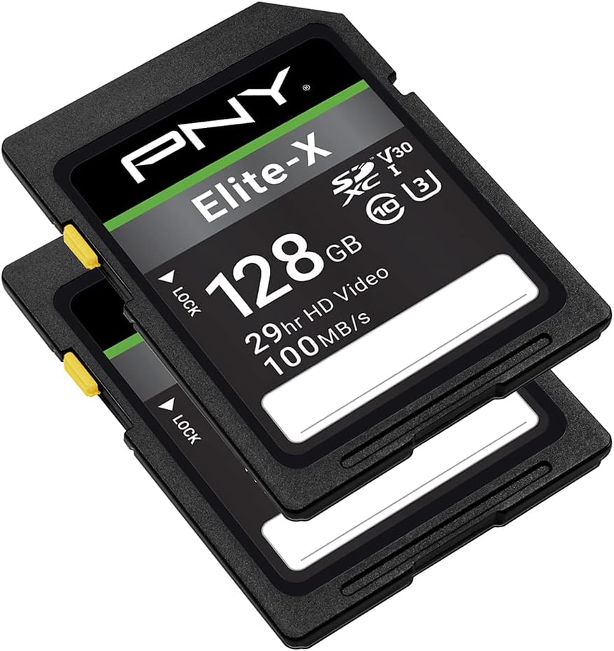 PNY 128GB Elite-X Class 10 U3 V30 SDXC Flash Memory Card - 100MB/s, Class 10, U3, V30, 4K UHD, Full HD, UHS-I, Full Size SD (Pack of 2)