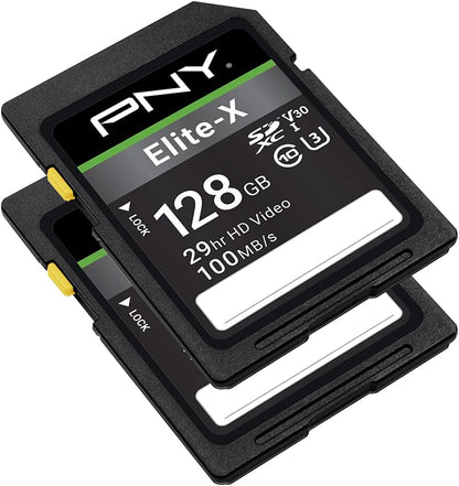 PNY 128GB Elite-X Class 10 U3 V30 SDXC Flash Memory Card - 100MB/s, Class 10, U3, V30, 4K UHD, Full HD, UHS-I, Full Size SD (Pack of 2)