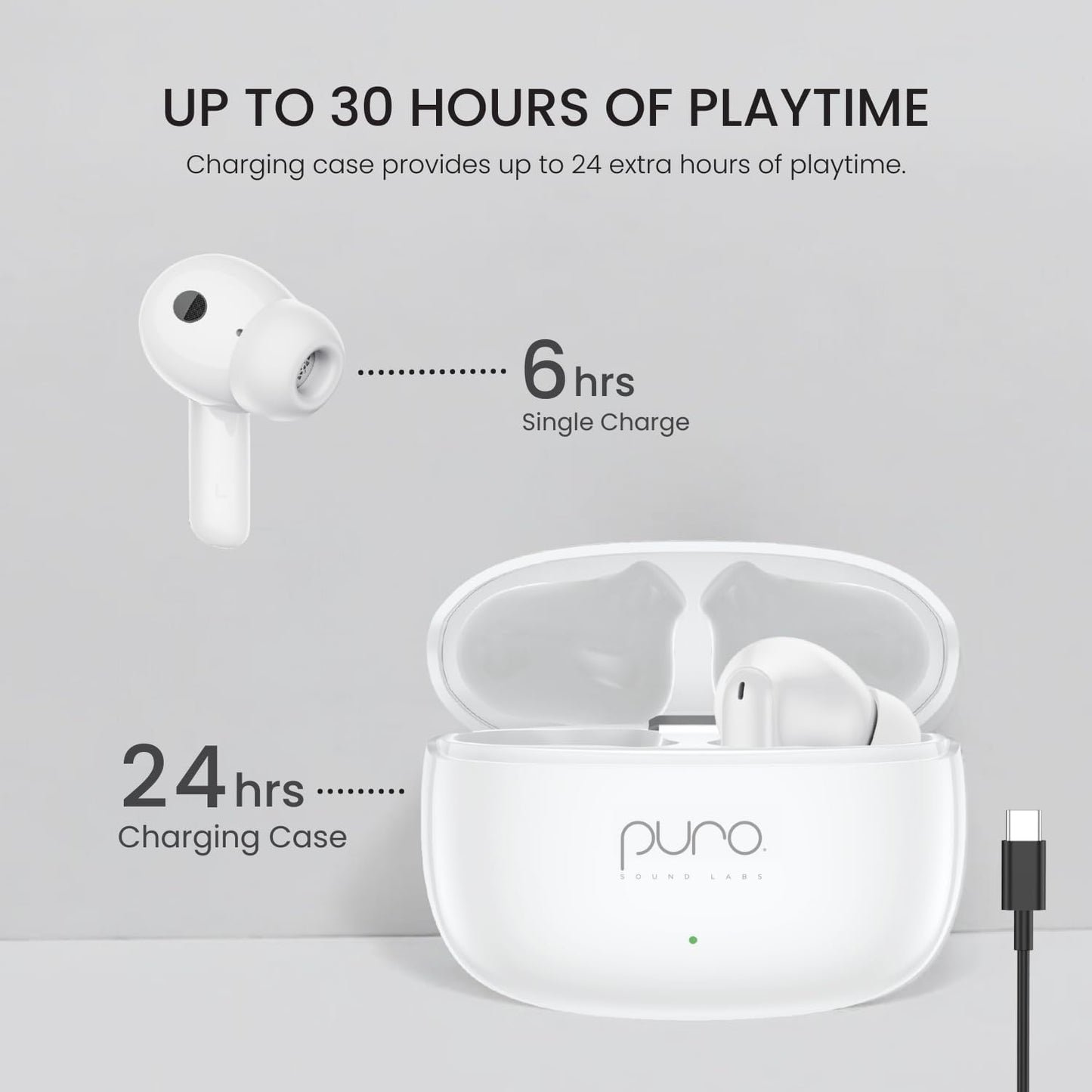 Puro Sound Labs PuroQuiet-Air Active Noise Cancelling Bluetooth Earbuds, Volume-Limited Wireless Earphones for Safe Listening, Soft Touch, Type-C Charging with Built-In Microphone & Secure Fit – White