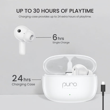 Puro Sound Labs PuroQuiet-Air Active Noise Cancelling Bluetooth Earbuds, Volume-Limited Wireless Earphones for Safe Listening, Soft Touch, Type-C Charging with Built-In Microphone & Secure Fit – White