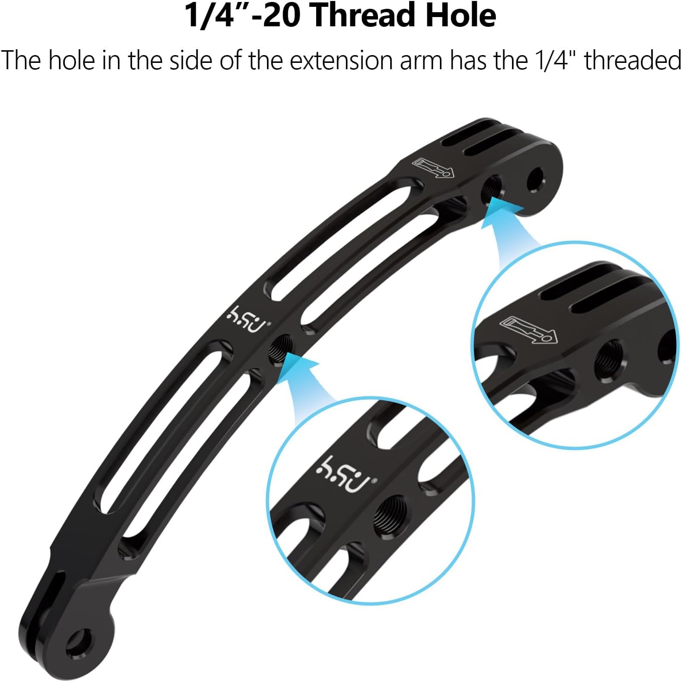 HSU Aluminum Alloy Curved Extension Arm (5.3”) Metal Pole Mount Helmet Stick Extension Arm Mount for GoPro Hero 13/12/11/10/9/8/7/6 Black, DJI Osmo Action 4/3 and More Action Cameras (Black)