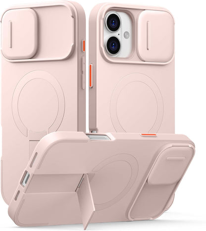 SURITCH for iPhone 16 Plus Case with Magnetic Camera Slide Cover and Adjustable Kickstand, Compatible with MagSafe, Shockproof Bumper Case Slim Protective Cover for iPhone 16 Plus 6.7 Inch, Pink