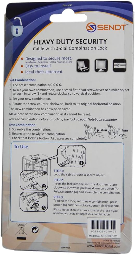 Sendt White Notebook/Laptop Combination Lock Security Cable