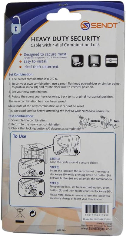 Sendt White Notebook/Laptop Combination Lock Security Cable