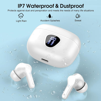 Wireless Earbuds, Bluetooth 5.4 Headphones HiFi Stereo, Bluetooth Earbuds with ENC Noise Cancelling Mic, IP7 Waterproof in Ear Earphones, 48H, LED Display Ear buds for Pad Workout Sports, White Purple