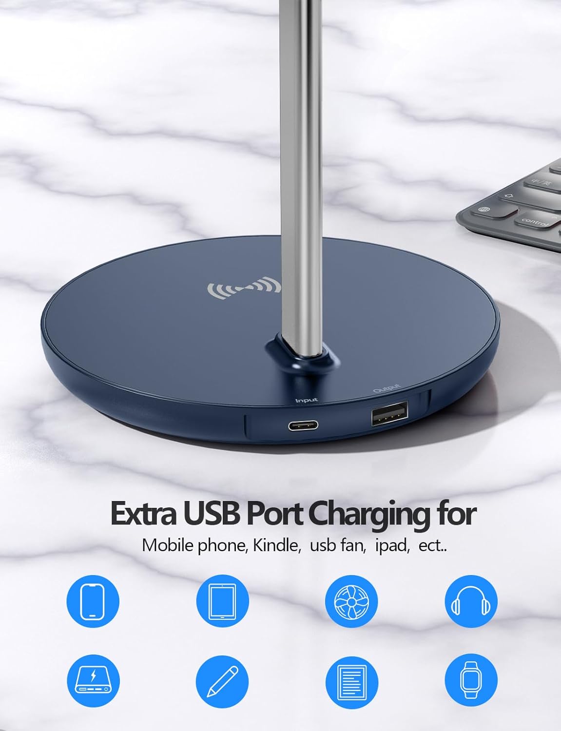 Miroddi Headphone Stand with Wireless Charger, Independent USB Charging Port, 5 in 1 Charging Station Headset Holder Rack for iWatch, iPhone, Samsung and Desk All Headphones, Dark Blue