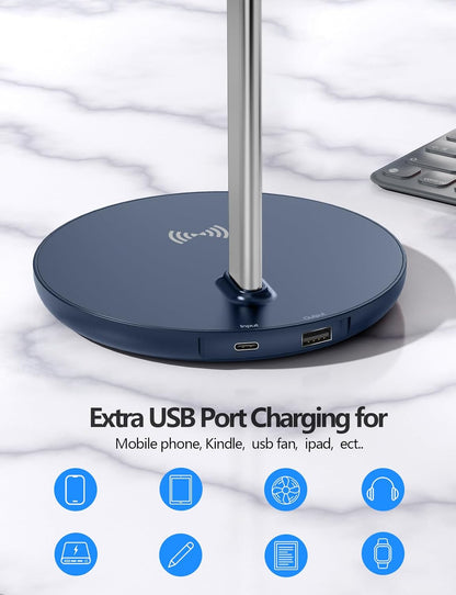 Miroddi Headphone Stand with Wireless Charger, Independent USB Charging Port, 5 in 1 Charging Station Headset Holder Rack for iWatch, iPhone, Samsung and Desk All Headphones, Dark Blue