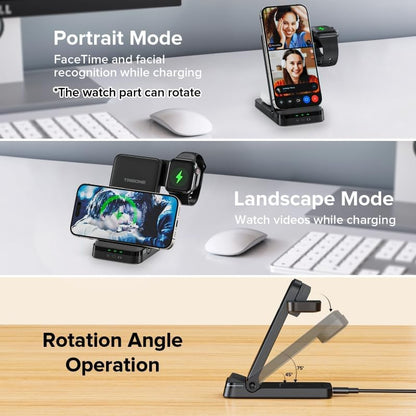 Wireless Charger, Tribone 3 in 1 Foldable Fast Charger for iPhone 17 16 15 14 13 12 11 Pro Max XR XS 8 Plus，for Apple Watch 10 9 8 7 6 5 4 3 2 SE Ultra,for AirPods Pro 4 3 2, Black