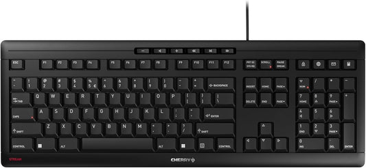 CHERRY Stream Keyboard Wired USB SX Scissors Mechanism QWERTY Whisper-Quiet Silent Keystroke for Home Office, Work or Personal Computer. Black