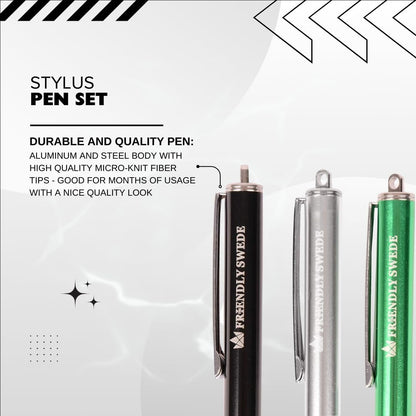 The Friendly Swede Mesh Tip Stylus Pen for Touchscreen — 3-Pack Micro-Knit Capacitive Stylus Pen for iPad & iPhone with 3 Replaceable Fiber Tips, Elastic Lanyards & Screen Cleaning Cloth